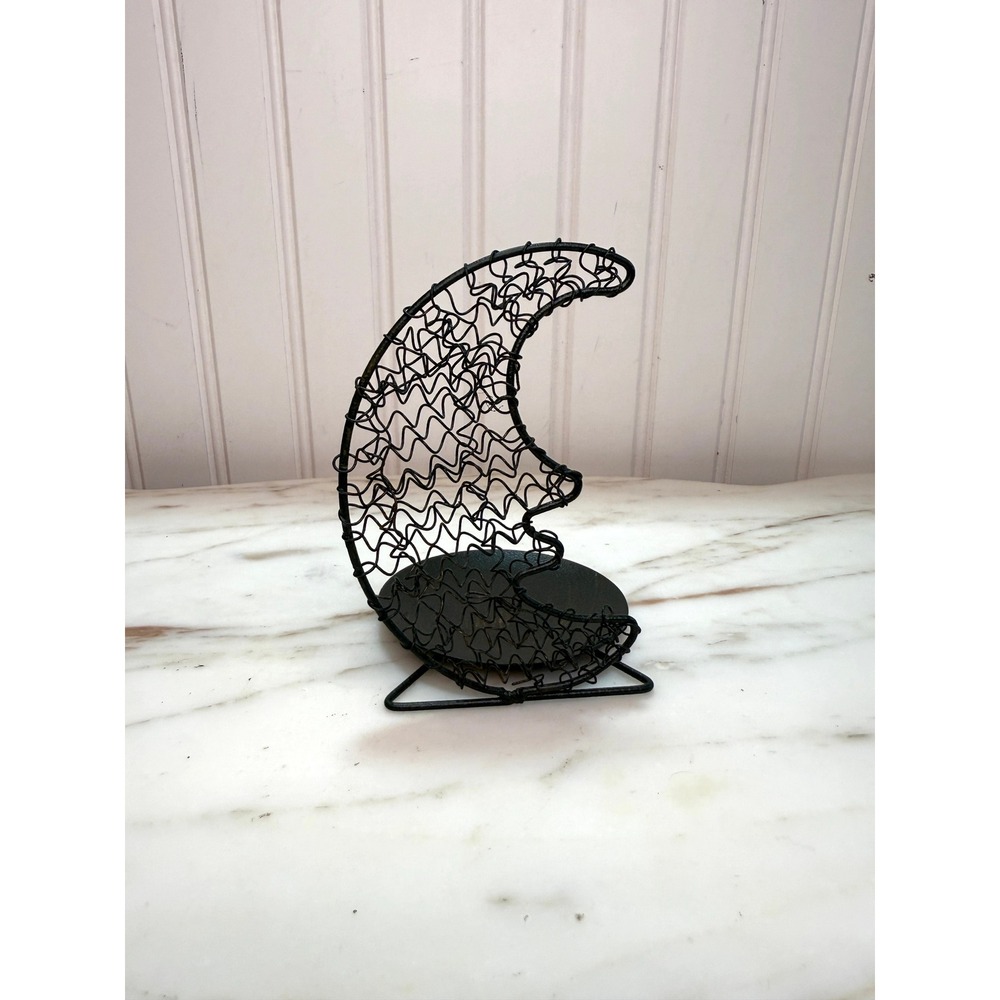 Vintage Dark Green Wire Moon Candle Holder Celestial Decor 5.25